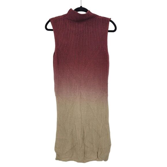 Vintage Sleeveless High Low Turtleneck Sweater Dress S Ombre Maroon Cream Knit - Picture 8 of 8